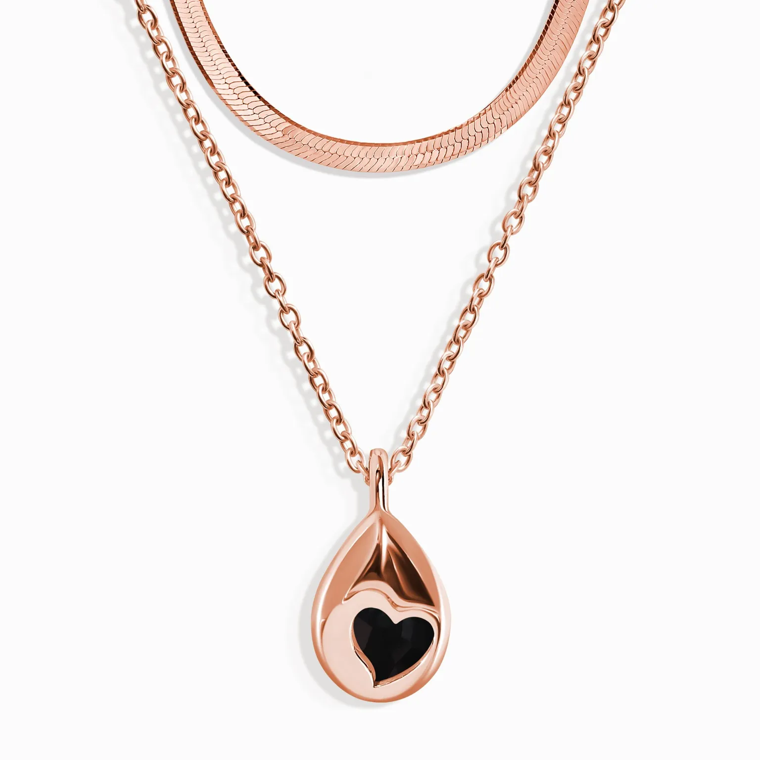 Black Obsidian Hidden Heart Necklace & Herringbone Chain
