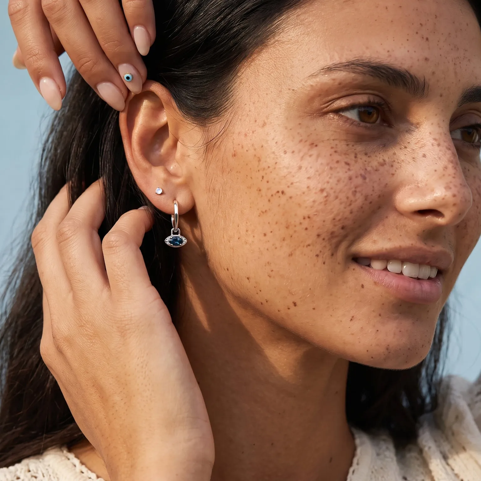Blue Topaz Earrings - Evil Eye Hoops